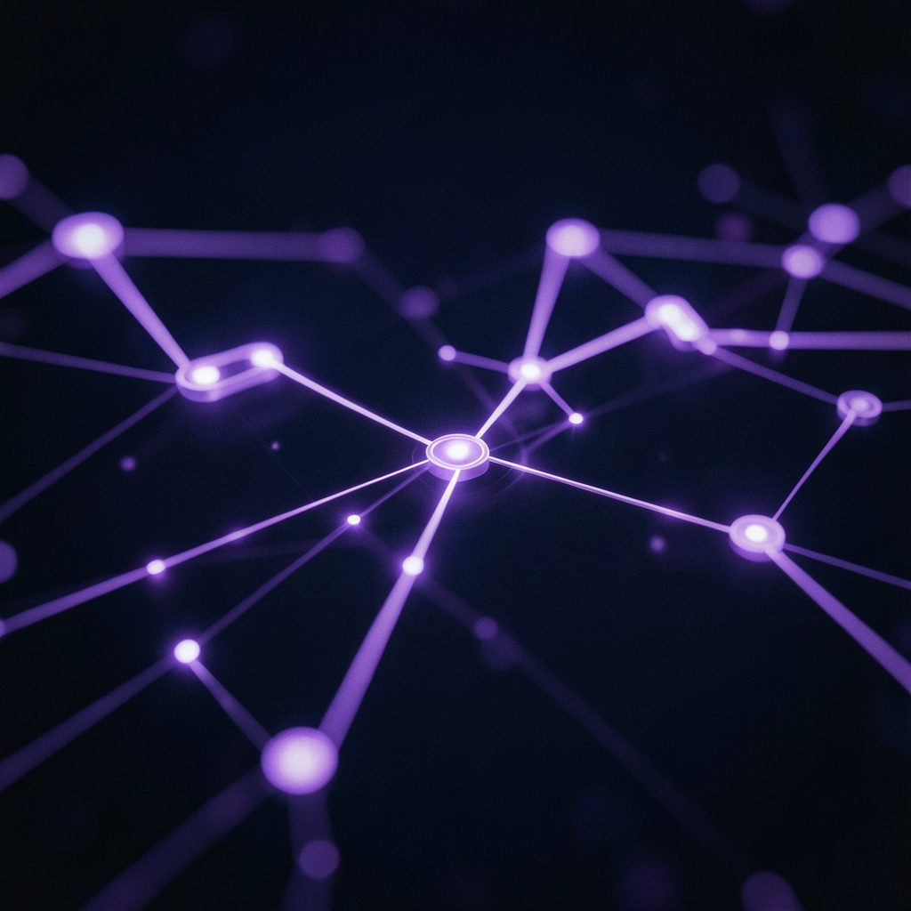 An abstract visualization of blockchain nodes connected by luminous lines, set against a dark navy background with violet accents.