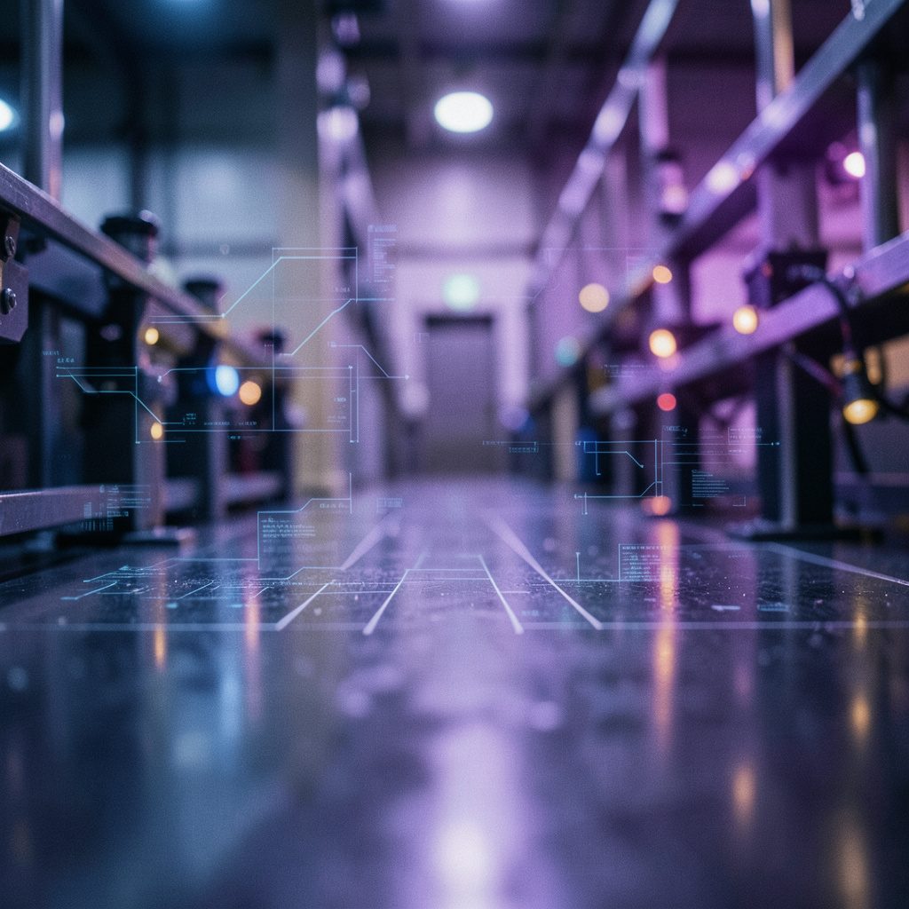 A close-up of a factory floor with subtle digital overlays suggesting data-driven manufacturing, in cool steel blues and warm amber highlights.