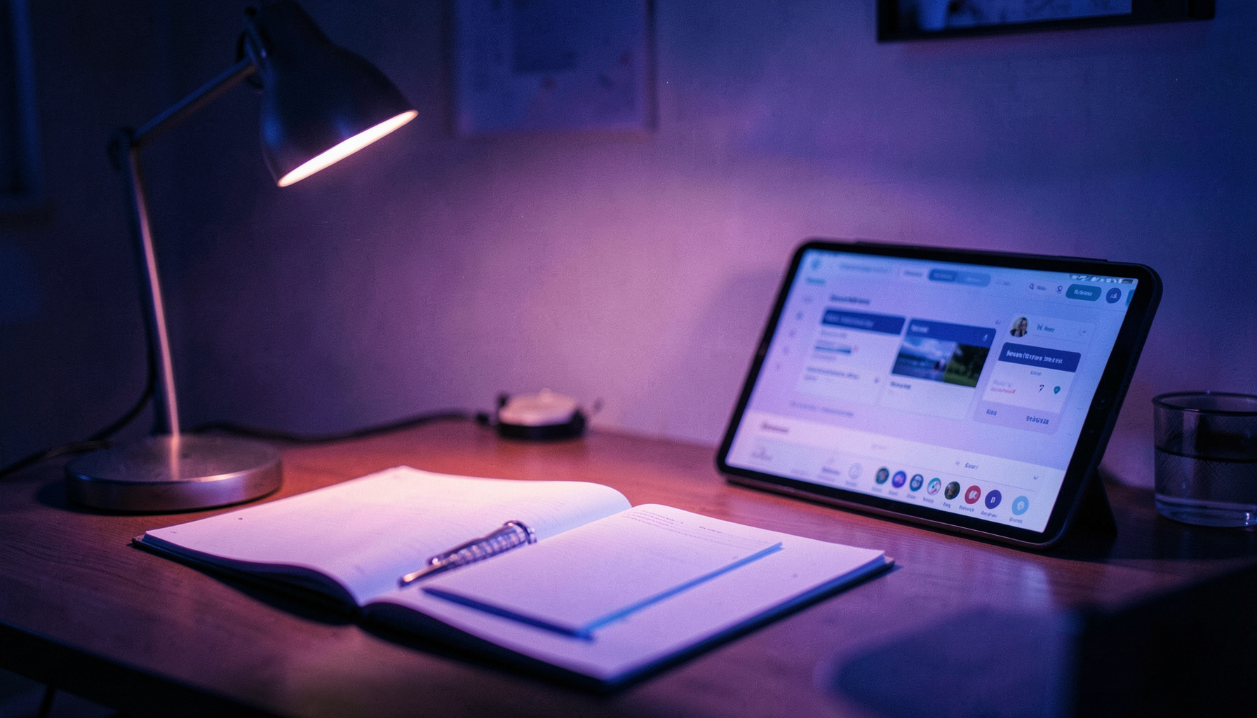 A softly lit desk scene with an open notebook, a tablet displaying a course interface, and a warm desk lamp casting a gentle glow across the workspace in navy and violet tones.