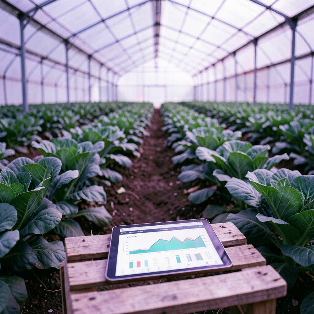 Rows of leafy green crops under diffused greenhouse light, with a tablet showing agricultural data charts resting on a wooden crate in the foreground.