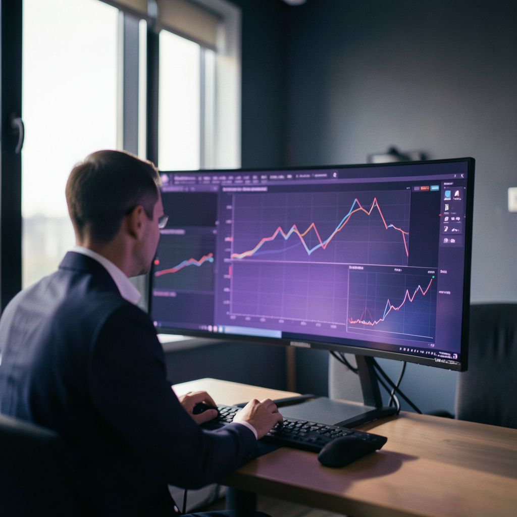 A professional reviewing energy charts on a large monitor, with soft natural light streaming through a modern office window in muted navy and gray tones.