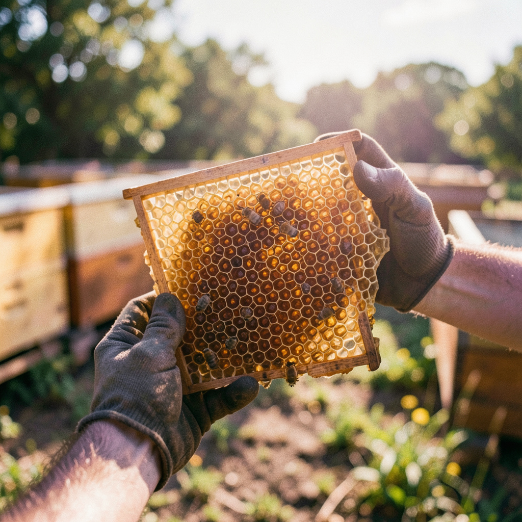 A honeycomb frame held by gloved hands against a sunlit apiary backdrop, with golden amber and soft green hues dominating the scene.