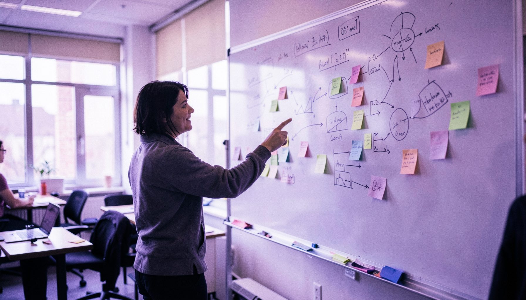 A person gesturing toward a whiteboard covered with diagrams and sticky notes in a sunlit modern classroom, conveying active teaching and mentorship.